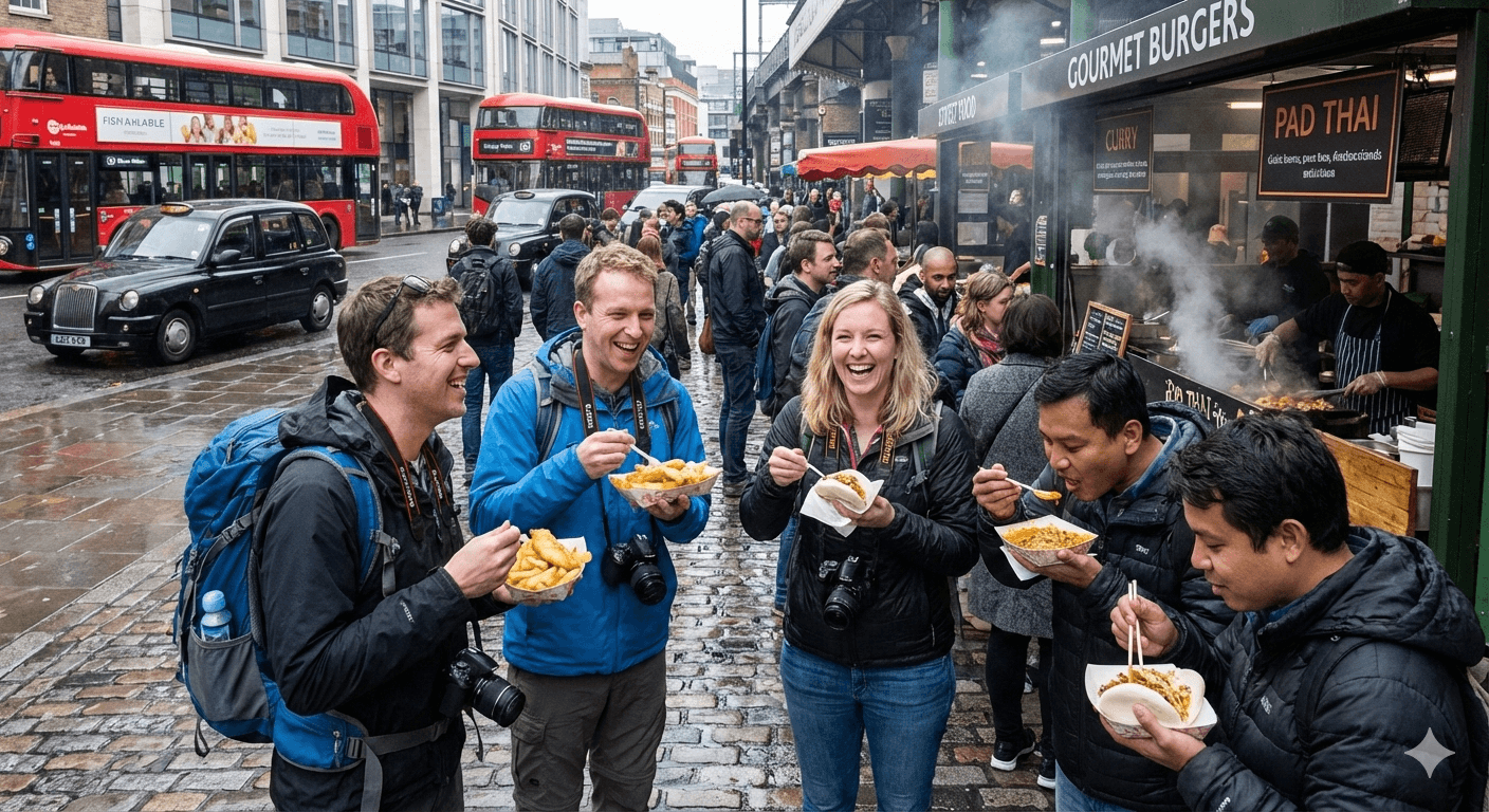 People enjoying London street food
